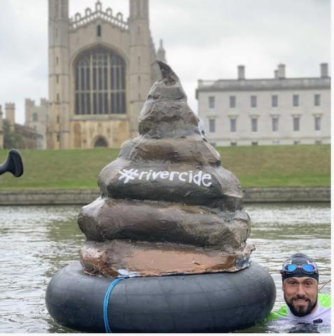 Poo in the River Cam Sewage in the River Cam (papier mache poo and long distance swimmer-protester)